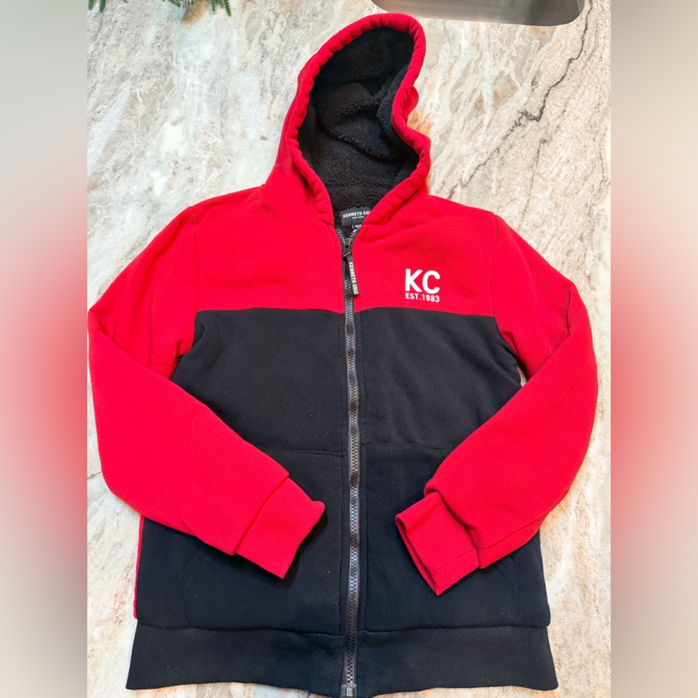 Kenneth Cole Red Black Fleece Zip Jacket Youth 14/16 Women’s XS S